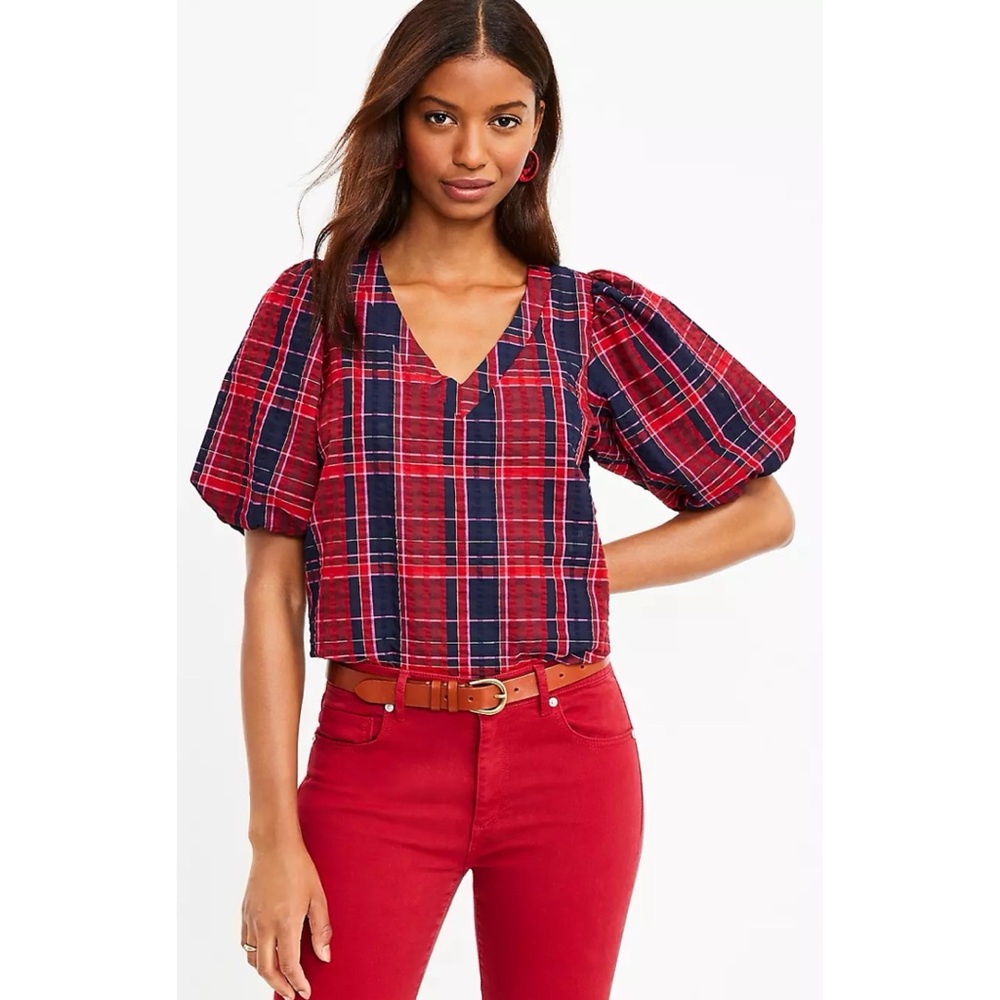 LOFT Plaid Ballon Sleeve V Neck Top Size Medium NWT